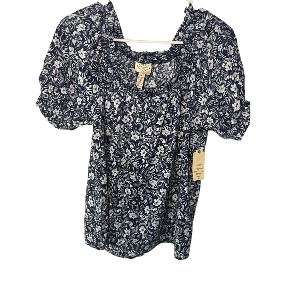 St Johns Bay Navy Floral Smocked Square‎ Neck Puff Sleeve Blouse Top Small NEW